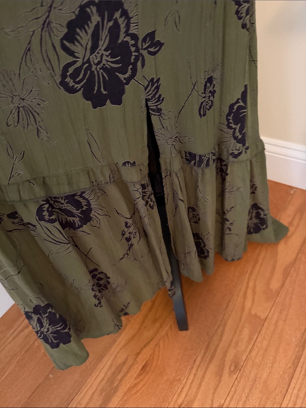 Angie Olive Green Maxi Dress with Black Floral Print. Medium - Picture 6 of 7